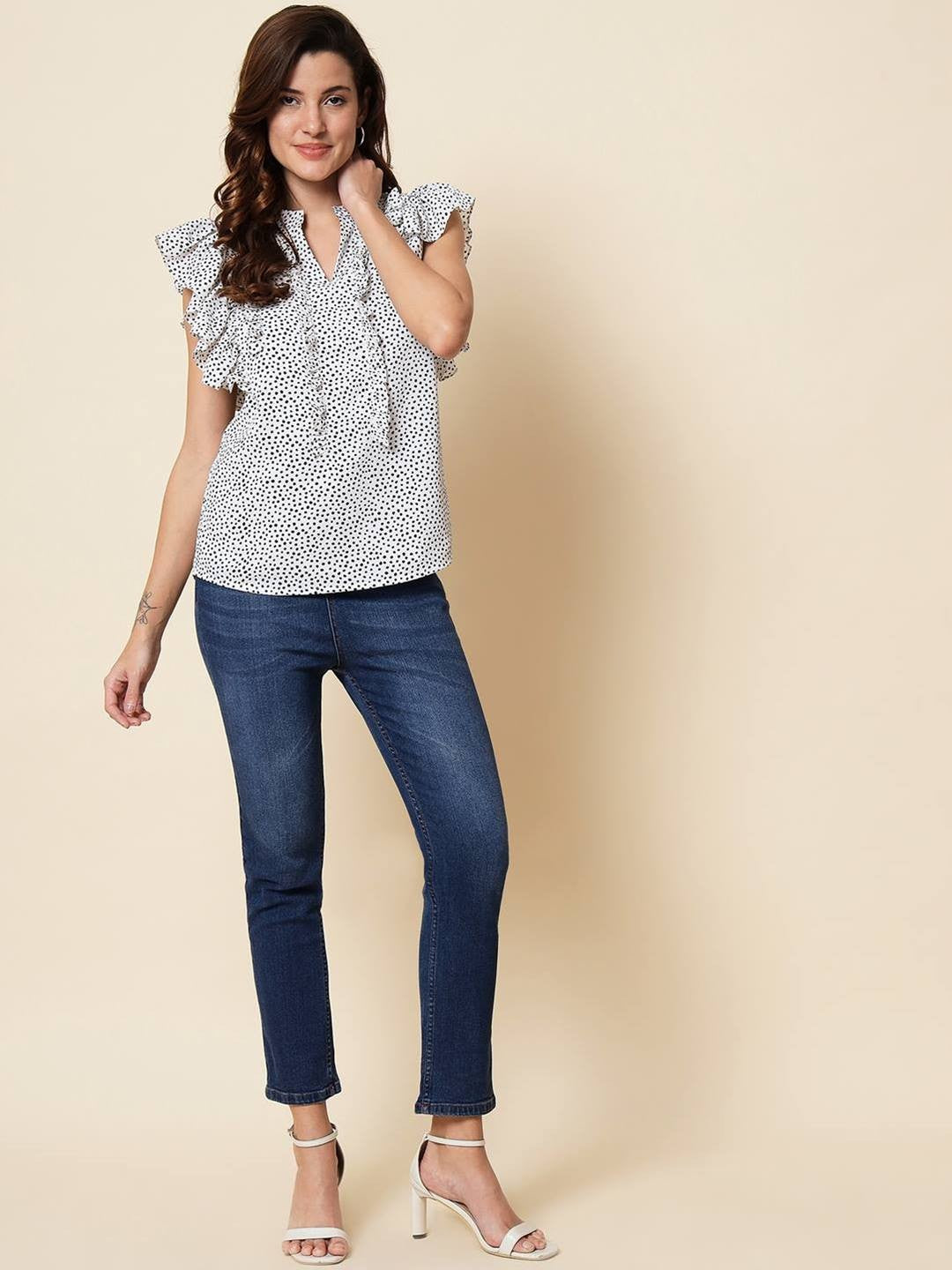 Beatnik Flutter Sleeve Polka Dot White Top