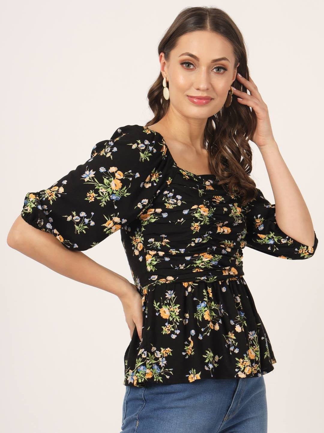 Beatnik Printed Peplum Puff Sleeve Top