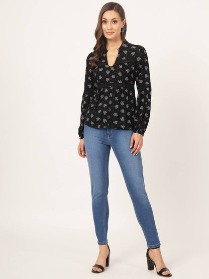 Beatnik V Neck Printed Lace Insert Top