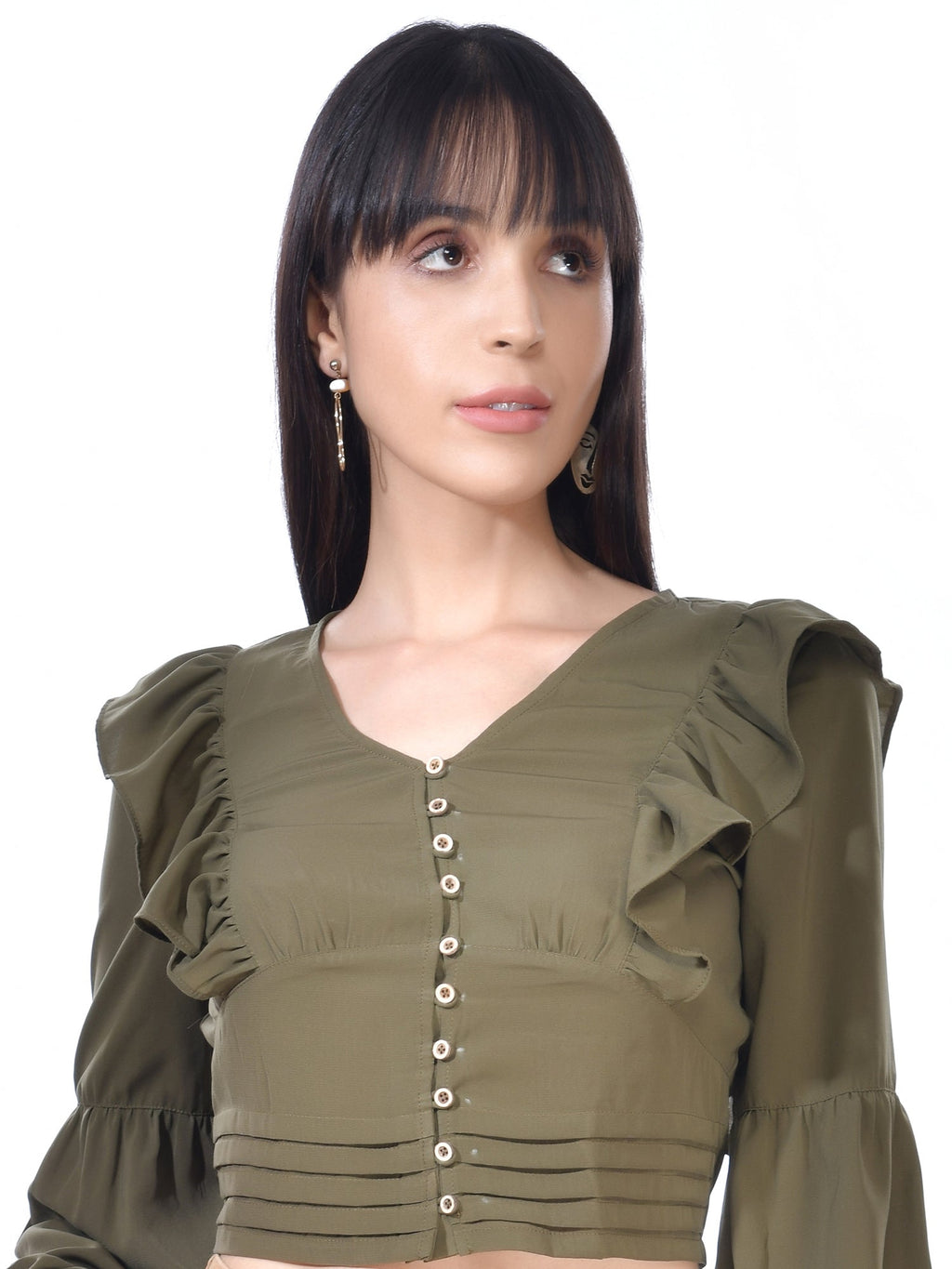 Beatnik Cotton V-neck Green Womens Top