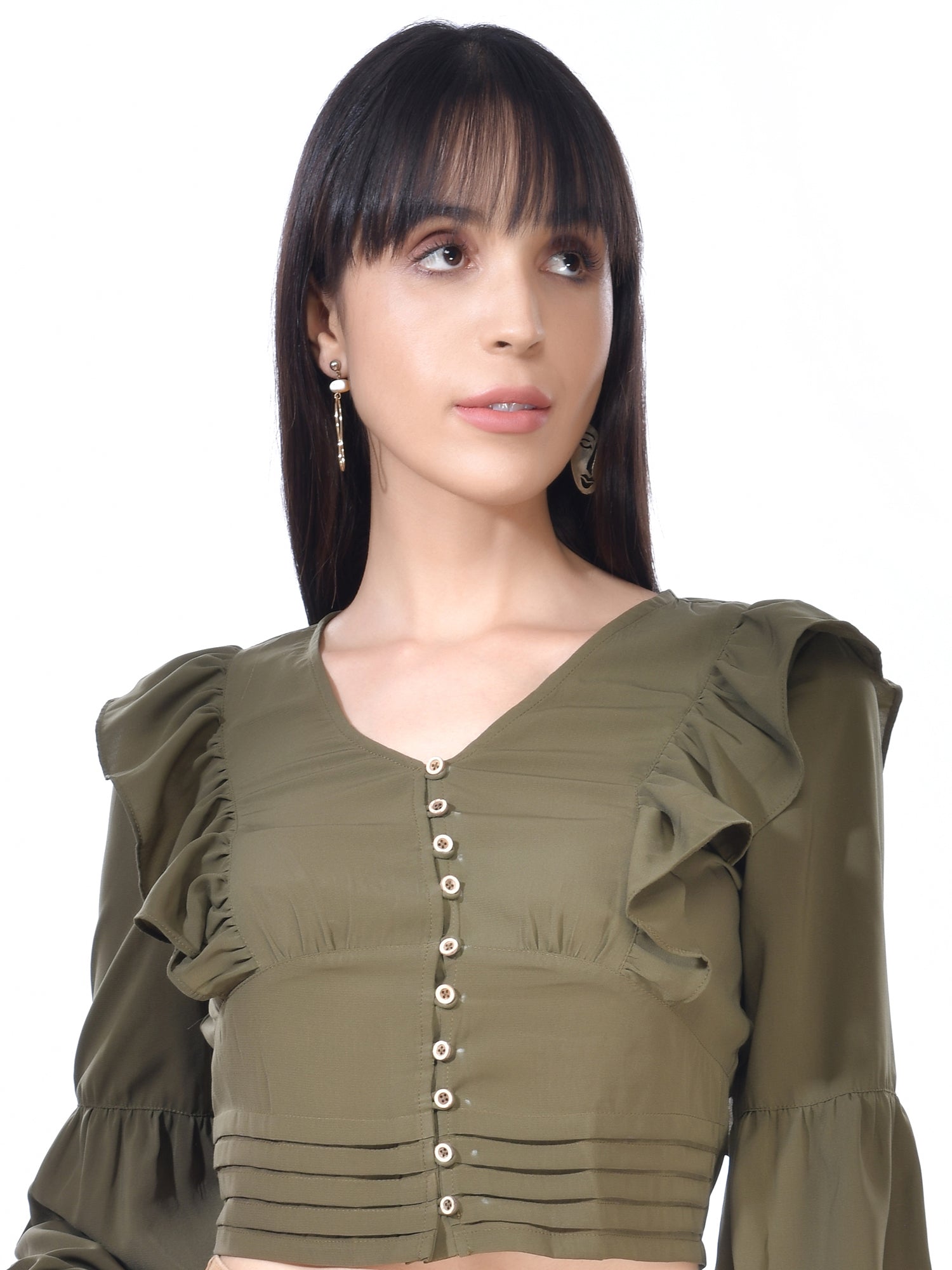 Beatnik Cotton V-neck Green Womens Top